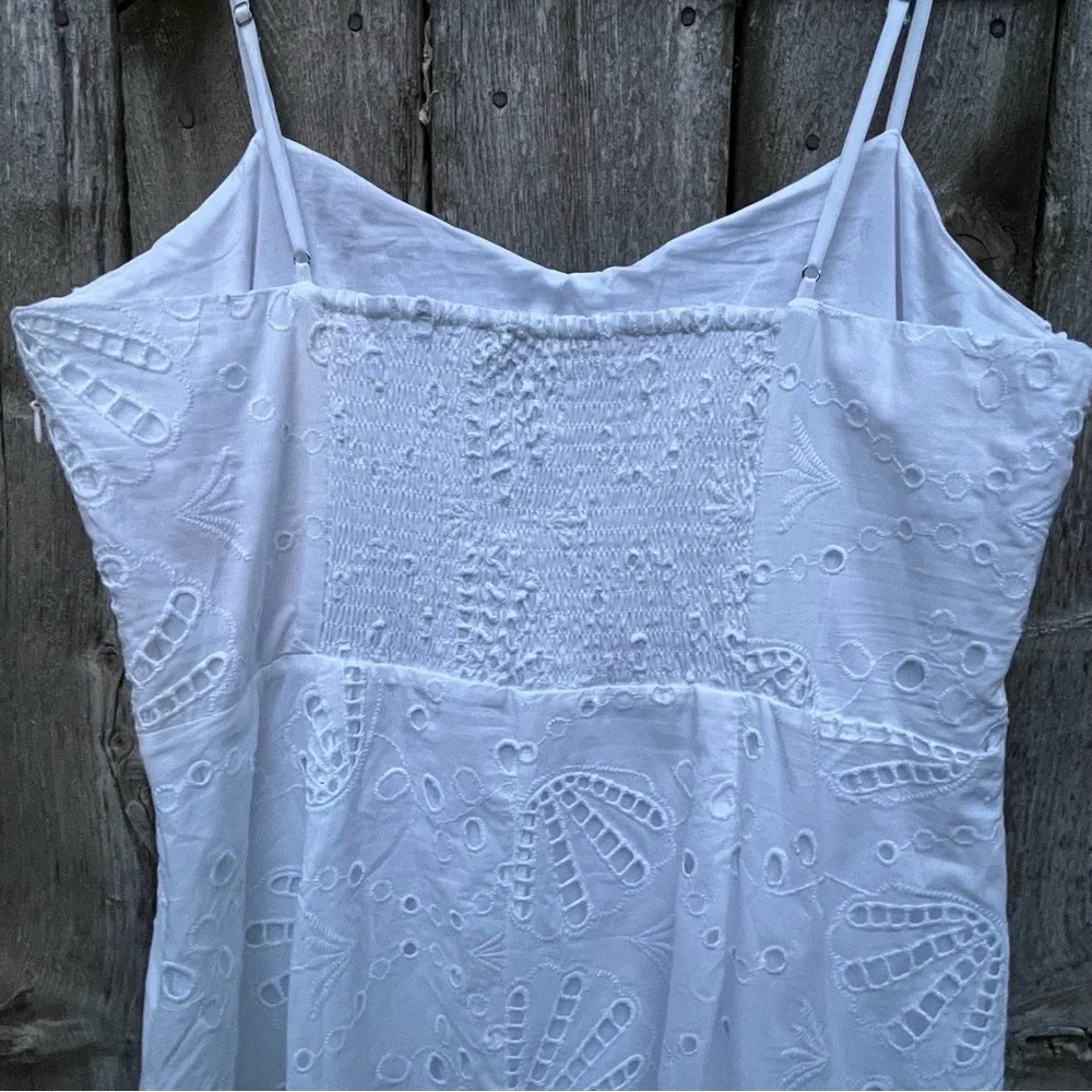 LOFT NWT White Shell Eyelet Cotton Smocking Spaghetti Strap Midi Dress Size 14 - Picture 6 of 10